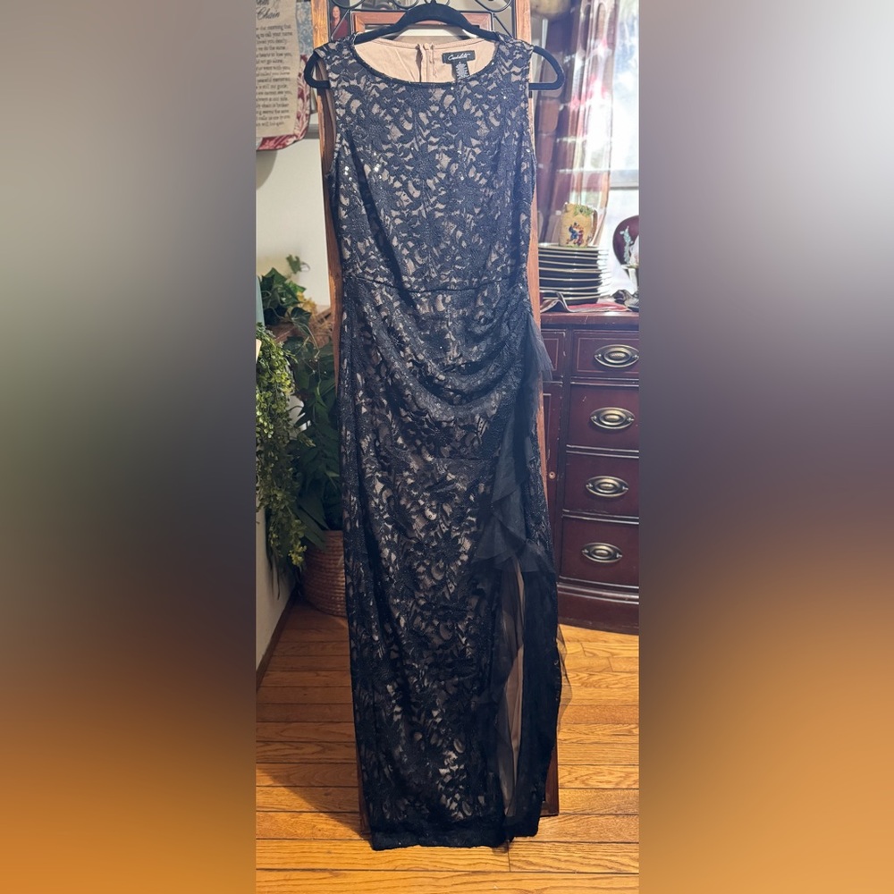 Candalite Black Lace Evening Gown/Formal with Sheer Overlay
